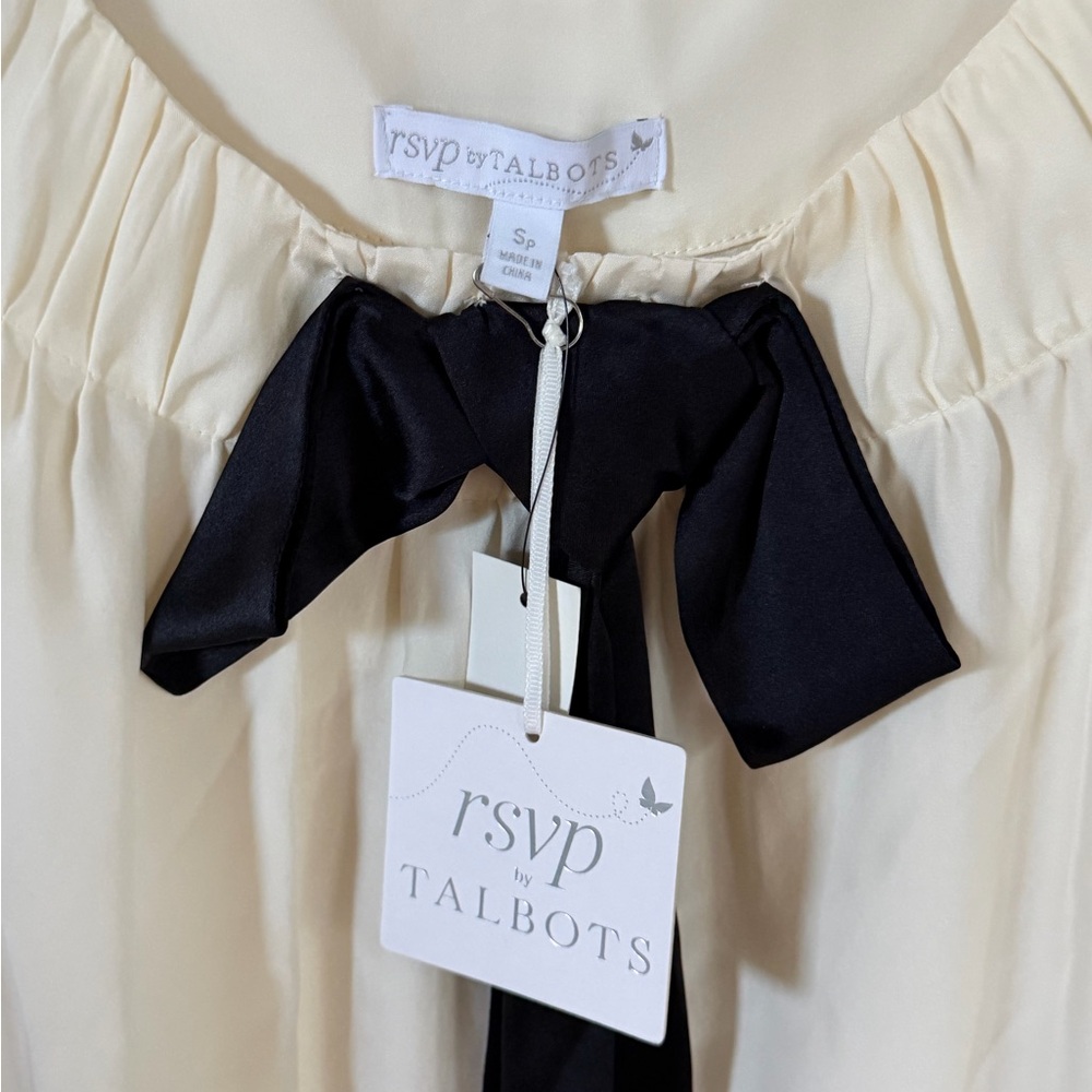 Talbots RSVP Sleeveless Silk Blouse Cream with Black Bow Accent Women’s Petite S - Picture 4 of 7